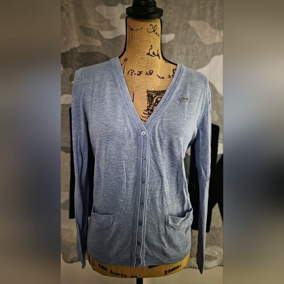 Lacoste Sweaters - Lacoste Women’s Light Blue V-Neck Cotton Cardigan Tenniscore - Size 34 (XS/S)